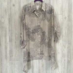 Chico's Cream Gray Paisley Sheer Button Front Blouse